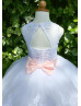 Beaded White Lace Tulle Keyhole Back Romantic Flower Girl Dress